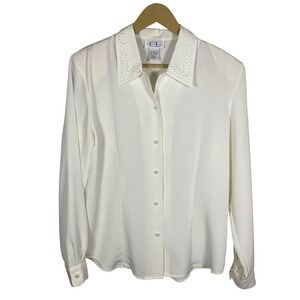 Vintage 1980s Pearl‎ Embellished Blouse Shoulder Pads Women Size 10